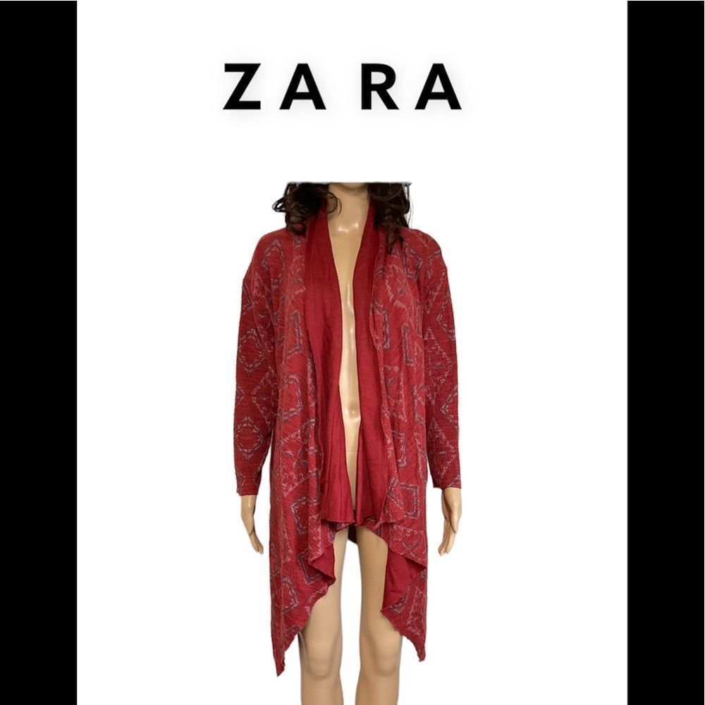 ZARA maroon aztec print boho oversized drape open front cardigan M